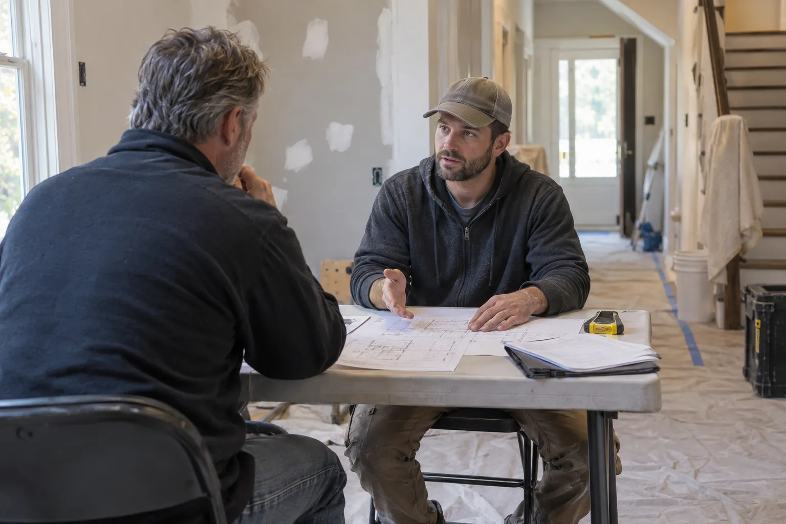 Two people discuss a room plan during an interview in a house under renovation.