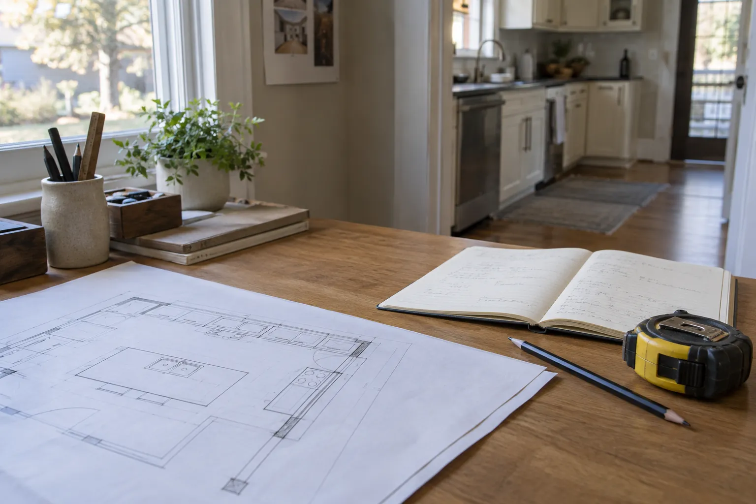 A kitchen floor plan, notebook, pencil, and tape measure on a wooden desk.